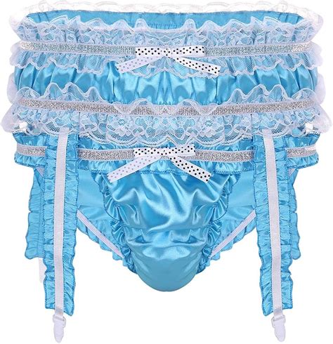 Mens Sissy Lingerie Soft Shiny Satin Panties With Garters Ruffled Briefs Underwear Panties