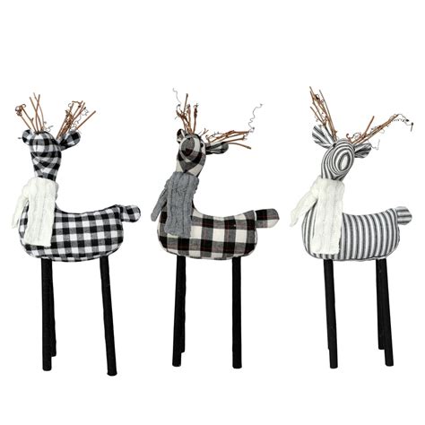 Holiday Time Christmas Black And White Plaid Fabric Reindeer Tabletop