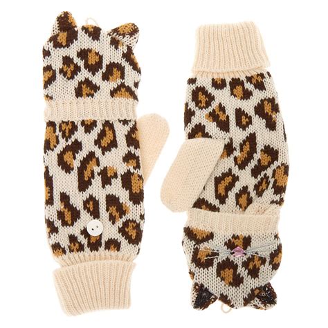 Leopard Fingerless Gloves With Mitten Flap - Brown | Claire's US