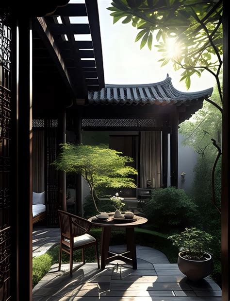 An Outdoor Patio With A Table And Chairs