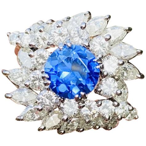 Vintage Retro 14k White Gold 4 61ct Blue Sapphire VS Diamond Cluster