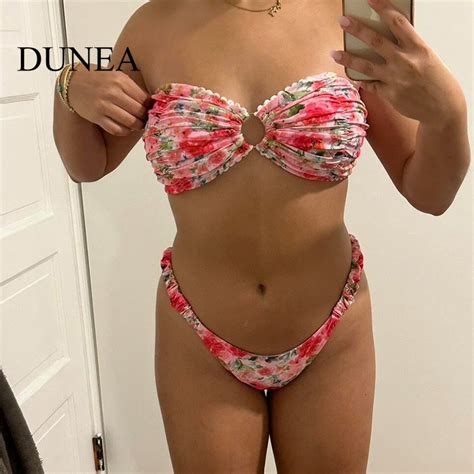 Dunea Women S Sexy Vintage Floral Off Shoulder Lace Bikini Two Piece Swimsuit Shopee Malaysia