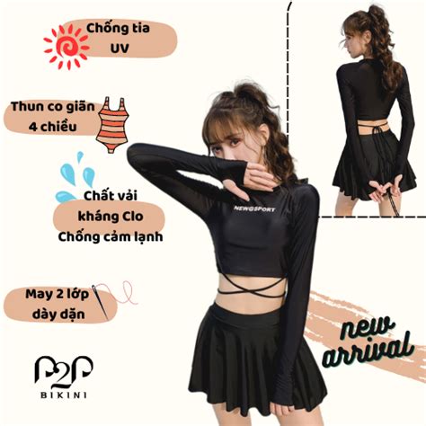 Đồ bơi Nữ mảnh áo tay dài có lỗ xỏ tay váy hai lớp phối dây P P B P P Bikini Thương