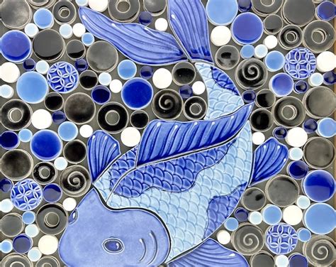 Koi Fish Mosaic Blue And Black Handmade Ceramic Tile Mosaic Ready To