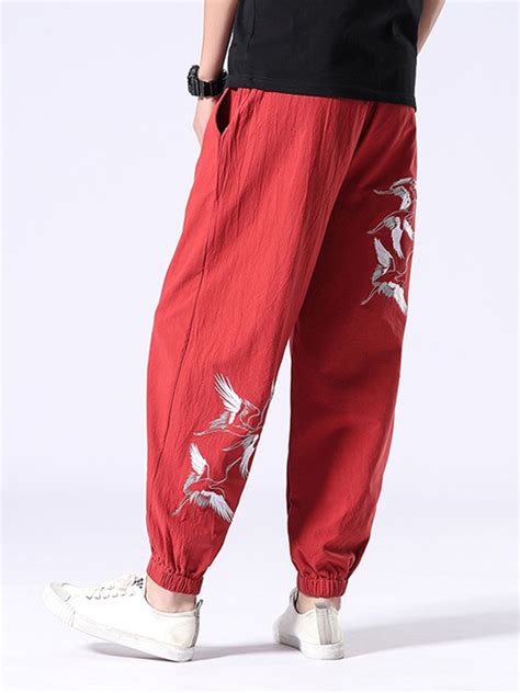 Chinoiserie Mens Casual Linen Pants Retro Embroidery Harun Pants
