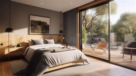 A Very Masculine Bedroom With A Large Balcony That Overlooks An