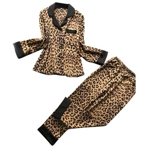 BE lingerie femme Womens Sexy Satin Leopard Pantalons à manches longues Ensemble de sous
