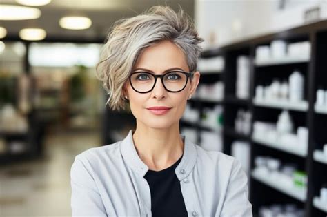 Premium Photo Portrait Of A Charming Mature Caucasian Female Pharmacist Wearing Glasses Among