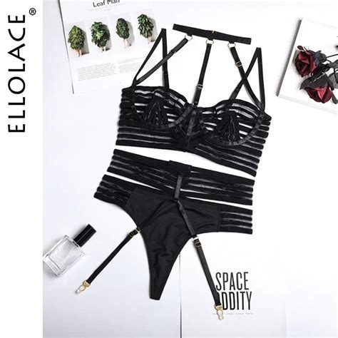 Ellolace Erotic Sensual Lingerie Strip Hollow Out Underwear Sissy Set Women Piece Transparent