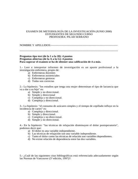 Examen De Metodolog A De La Investigaci N Junio Profesora Pilar