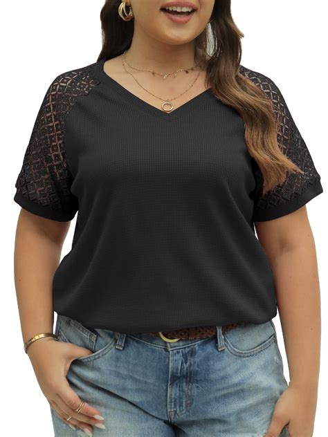 Mengpipi Plus Size Tops For Women Waffle Knit Lace Short Sleeve Blouse