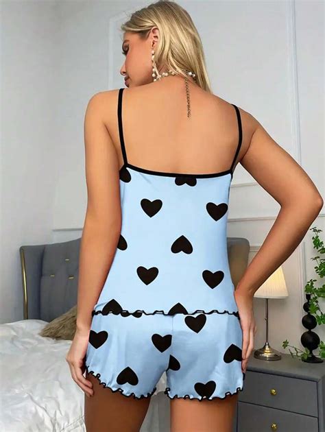 Shein Coupledup Heart Print Lettuce Trim Contrast Binding Pj Set