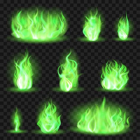 Premium Vector | Realistic coloured fire. Green fiery blaze, magic game ...