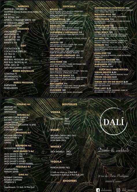 Menu au Dalí pub et bar Cannes