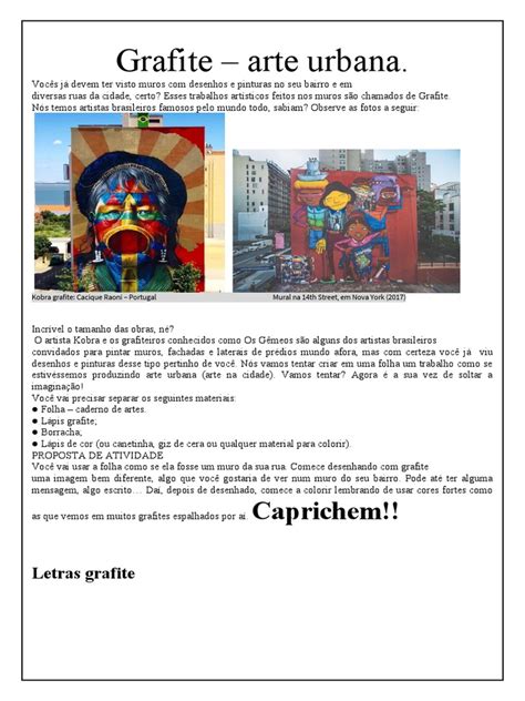 Atividade Sobre Grafite Para Imprimir - Aprendendo sobre arte urbana através da criação de grafite | PDF