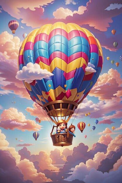 Premium AI Image Chibi Boy And Girl Soaring On A Hot Air Balloon Through A Sky Of Colorful Clouds