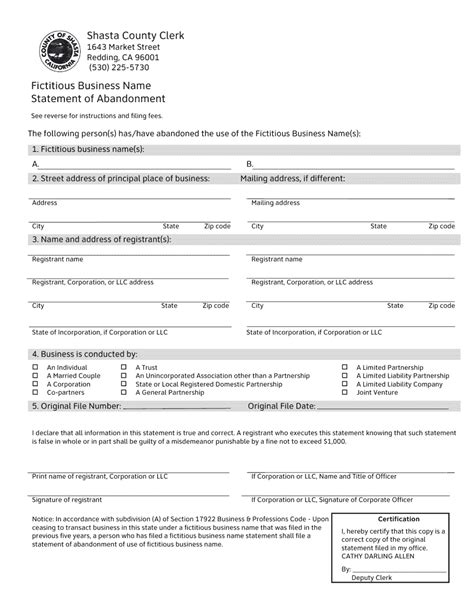 Shasta County California Fictitious Business Name Statement Of