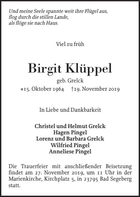 Traueranzeigen Von Birgit Kl Ppel Sh Z Trauer