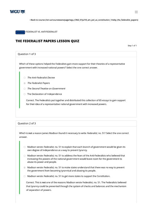 C963 M4 Lesson 8 Quiz The Federalist Papers Lesson Quiz Back To