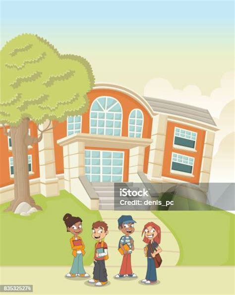 siswa kartun  depan sekolah ilustrasi stok  gambar