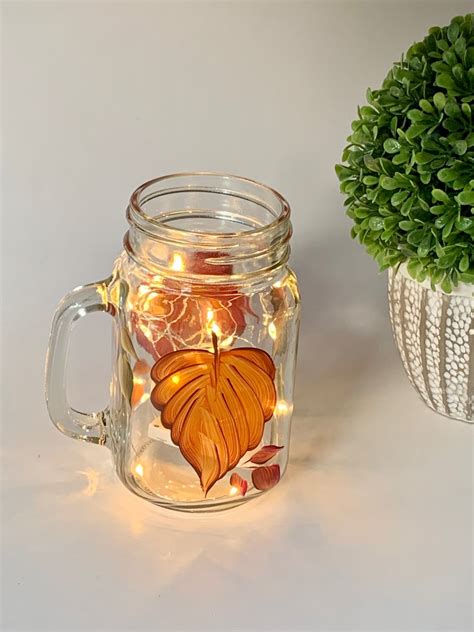 Painted Fall Leaves Mason Jar With Lights Colorful Leaves - Etsy