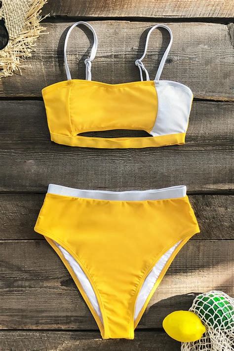 Bikini taille haute à découpes jaune et blanc Cupshe France