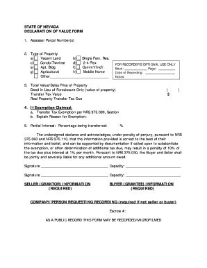 Fillable Online STATE OF NEVADA DECLARATION OF VALUE FORM 1 Assessor