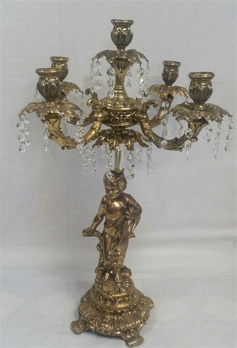 Vtg Mcm Hollywood Regency 5 Arm Cherub Candelabra Cast Brass Tone Hanging Prisms Unbranded