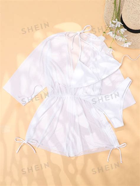 Shein Vcay Summer Beach Sheer Mesh Bikini Set Halter Triangle Bra Thong Bottom Cover Up