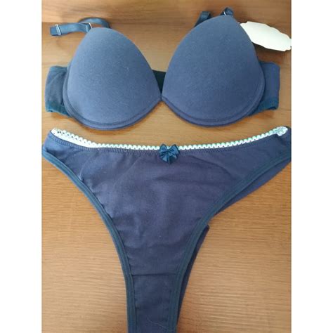 Roupa Intima Feminina Lingerie Conjunto Cotton Azul Marinho Sutia E Calcinha Fio Dental