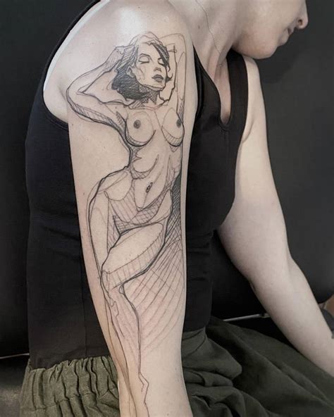 Sketch Work Style Nude Woman Tattoo Located On The