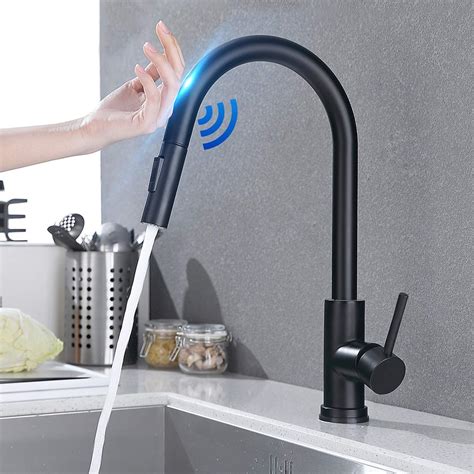 Rozin Grifo De Cocina Negro Con Sensor Giratorio Ducha Extensible