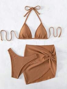 Shein Swim Basics Textured Bikini Set Halter Triangle Bra Bikini Bottom Twist Beach Skirt