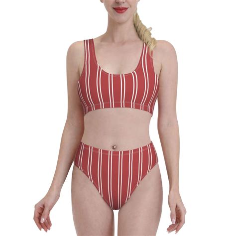 Bixox Stripes Red White Pattern Two Piece Sports Bikini With U Shaped Top And High Waist Bottom