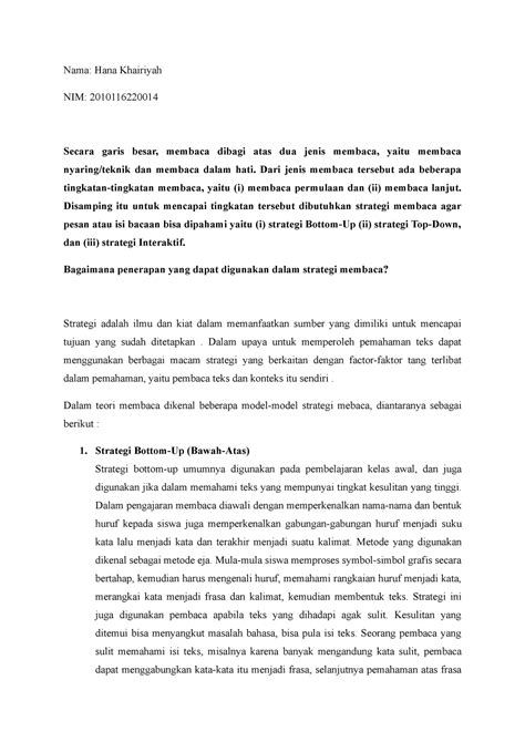Strategi Membaca - Nama: Hana Khairiyah NIM: 2010116220014 Secara garis