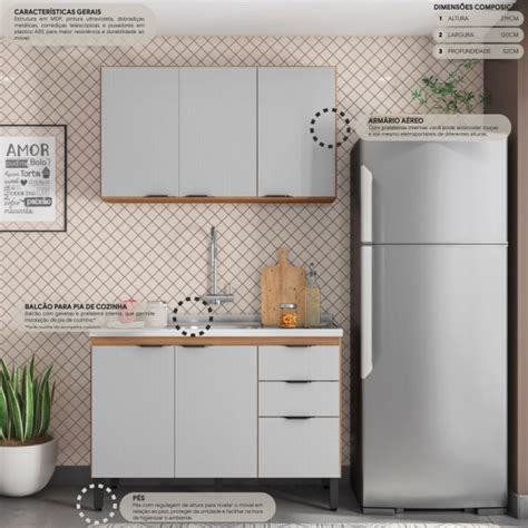 Cozinha Compacta Firenze Portas Gavetas Amêndola Touch Nude Prime