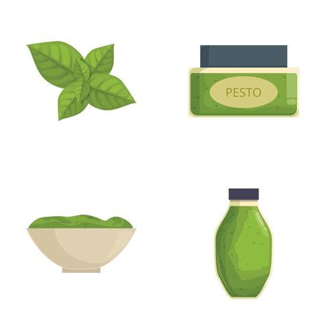 Pesto Sauce Icons Set Cartoon Vector Green Pesto Sauce In Jar And Bowl