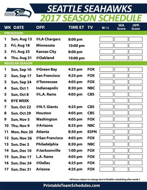 Printable Seattle Seahawks Football Schedule