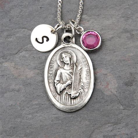 Saint St Cecilia Necklace Personalized Crystal Birthstone Or Pearl