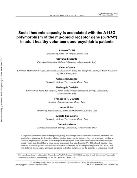 Pdf Social Hedonic Capacity Is Associated With The A G Polymorphism