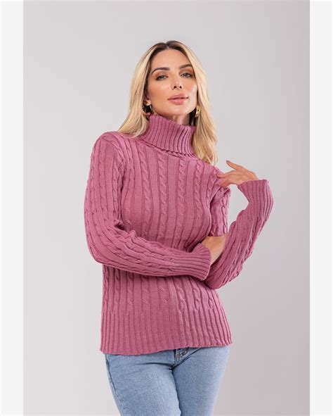 Riachuelo Blusa Tricot Gola Alta Rol Manga Longa Texturizada Rosa