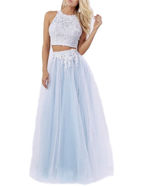 Plms Womens Two Piece Tulle Prom Dresses Lace Appliqued Evening Formal Gown Sky Blue 2