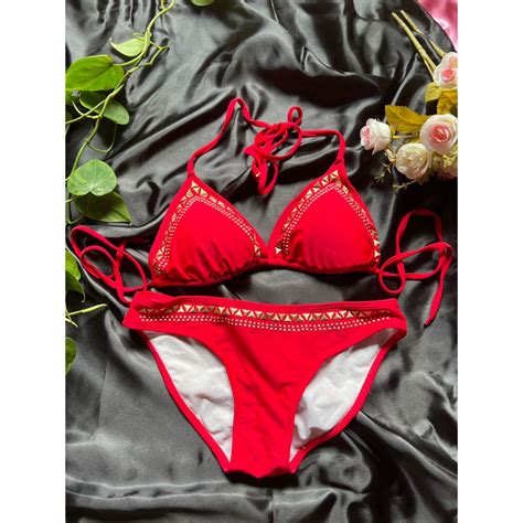 Bikini มอสอง สแดง ขอบทองเรขาคณตอยปต ชดมอสอง Shopee Thailand