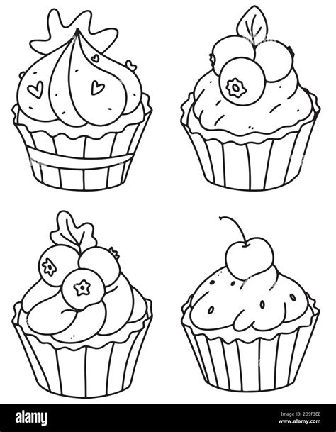 Cute Cupcakes Coloring Page Cupcake Set Outline Doodle Vector