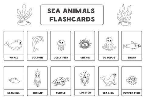 Animais marinhos bonitos dos desenhos animados com nomes flashcards ...