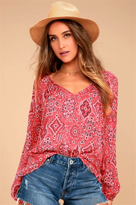 Cute Coral Red Top Paisley Print Top Long Sleeve Top Lulus