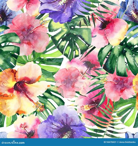 Beautiful Bright Lovely Colorful Tropical Hawaii Floral Herbal Summer Pattern Of Tropical