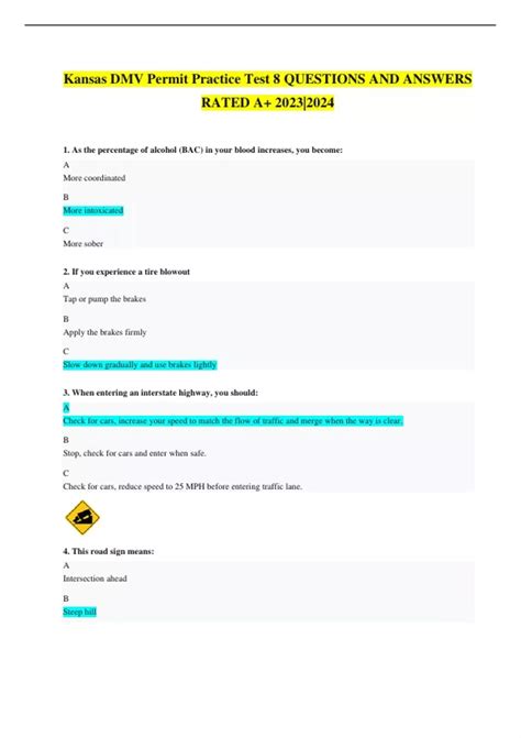 Kansas DMV Permit Practice Test 8 QUESTIONS AND ANSWERS RATED A+ 2023