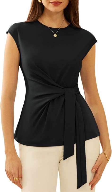 GRACE KARIN Womens Cap Sleeve Tops Summer Tie Waist Crew Neck Elegant