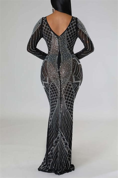 Wholesale Black Sexy Solid Patchwork See Through Hot Drill O Neck Evening Dress Dresses K63509 2